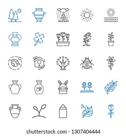 spring icons set. Collection of spring with rose, leaf, feeder, plant, vase, branch, flower, bunny, ladybug, tree, bird house, environment. Editable and scalable spring icons.