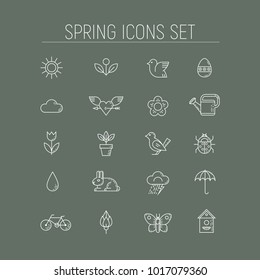 Spring icons set. Collection of simple linear pictograms. Spring symbols, Spring is coming. Hello spring. Vector illustration.