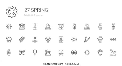 spring icons set. Collection of spring with sun, organic eggs, rest area, plant, tree, butterfly, decorative, flower, branch, forest, rose. Editable and scalable spring icons.