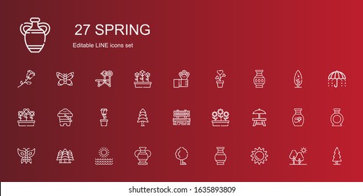 spring icons set. Collection of spring with sun, vase, tree, forest, butterfly, rest area, flowers, bench, pine, rose, sand, plant, umbrella. Editable and scalable spring icons.