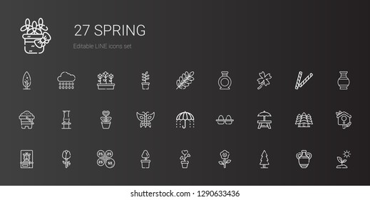 spring icons set. Collection of spring with tree, flower, plant, petals, rose, butterfly, rest area, eggs, umbrella, vase, sand, clover, branch. Editable and scalable spring icons.