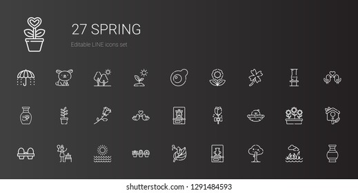 spring icons set. Collection of spring with tree, vase, leaf, plant, sun, birch, organic eggs, chick, rose, butterfly, love birds, clover. Editable and scalable spring icons.