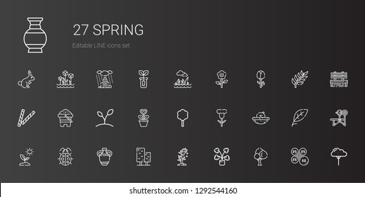 spring icons set. Collection of spring with tree, decorative, vase, ladybug, sprout, chick, flower, plant, sand, rose, lawn, petals, bench. Editable and scalable spring icons.