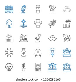 spring icons set. Collection of spring with tulips, flowers, butterfly, plant, tree, flower, rest area, vase, sun, leaf, chick, sprout, branch. Editable and scalable spring icons.