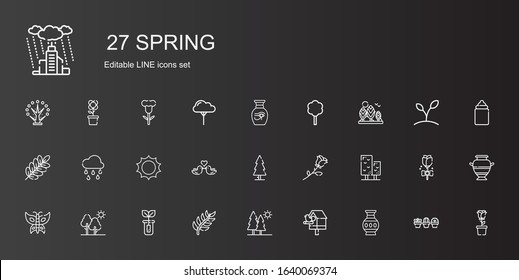 spring icons set. Collection of spring with vase, birdhouse, trees, branch, sprout, tree, butterfly, rose, love birds, sun, raining, plant. Editable and scalable spring icons.