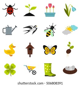 Spring icons set. Flat illustration of 16 spring vector icons for web. Bee, tultip and other dacha equipment