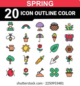 Spring icons set, flat style. Gardening cute collection of design elements, isolated on white background. Nature clip art. Vector illustration