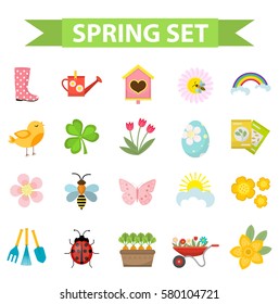 Spring icons set, flat style. Gardening cute collection of design elements, isolated on white background. Nature clip art. Vector illustration