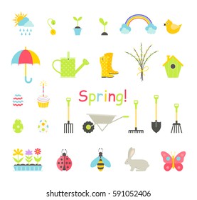 Spring icons set. Spring Garden, Flowers and Gardening Equipment. Flat Design Style. 