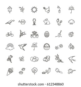 Spring icons set. Garden, Flowers and Gardening Equipment. Linear Style