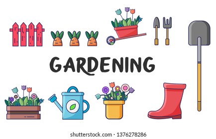 Spring icons set with gardening tools- shovel, carrot, fence, boot, harvest, flowers, watering can. Summer gardening elements. Cartoon style vector flat illustration on white background.