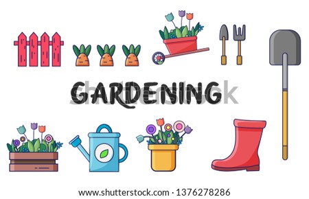 Spring icons set with gardening tools- shovel, carrot, fence, boot, harvest, flowers, watering can. Summer gardening elements. Cartoon style vector flat illustration on white background.