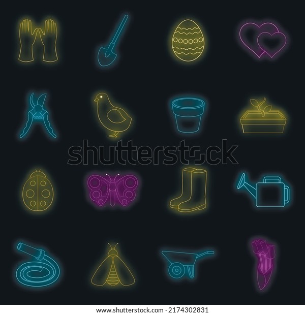 Spring icons set. Illustration of 16 spring vector\
icons neon color on\
black