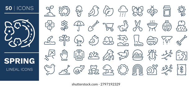 Spring icons set in line design. Including barbecue, bee, beetle, bird, boots, branch, buds, bunny, butterfly icons and more. Outline vector icons collection.