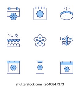 Spring icons set. Line Duotone style, editable stroke. springtime, spring, hot spring, plant, sakura, butterfly, calendar, mobile phone.