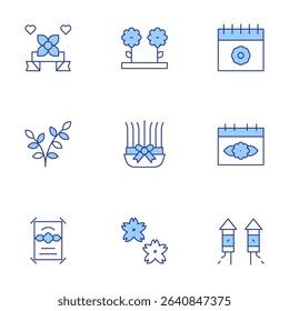 Spring icons set. Line Duotone style, editable stroke. spring break, flowers, calendar, willow, sabzeh nowruz, spring, sakura, fireworks.