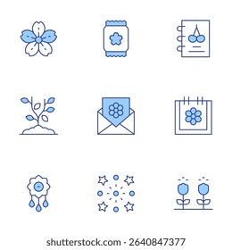 Spring icons set. Line Duotone style, editable stroke. sakura, seeds, spring notebook, sprout, invitation, calendar, brooch, firework, pollination.