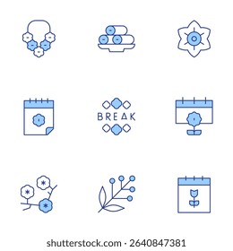Spring icons set. Line Duotone style, editable stroke. collar, spring roll, flower, calendar, spring break, spring, cherry blossom, acacia.
