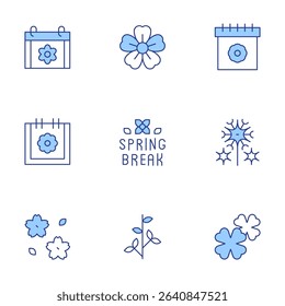 Spring icons set. Line Duotone style, editable stroke. calendar, sakura, spring, spring break, dandelion, tree branch, cherry blossom.