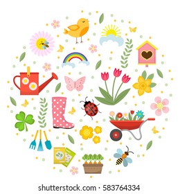 Spring icons set in round shape, flat style. Gardening cute collection of design elements, isolated on white background. Nature clip art. Vector illustration