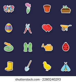 Spring icons set stikers collection vector with shadow on purple background
