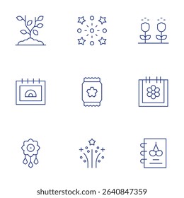 Spring icons set. Thin Line style, editable stroke. sprout, firework, calendar, seeds, brooch, fireworks, pollination, spring notebook.