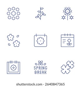 Spring icons set. Thin Line style, editable stroke. dandelion, calendar, cherry blossom, lantana, tree branch, sakura, spring, spring break.
