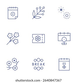 Spring icons set. Thin Line style, editable stroke. calendar, cherry blossom, acacia, fireworks, ticket, spring, spring break.