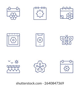 Spring icons set. Thin Line style, editable stroke. springtime, calendar, mobile phone, plant, sakura, butterfly, spring.