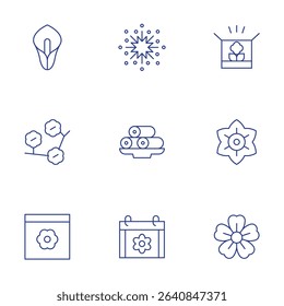 Spring icons set. Thin Line style, editable stroke. calendar, cherry blossom, fireworks, box, calla lily, flower, spring roll, sakura.