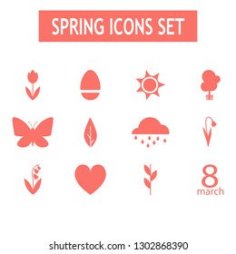 Spring icons set vector in living coral color