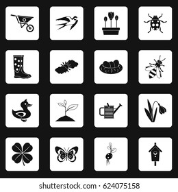 Spring icons set in white squares on black background simple style vector illustration