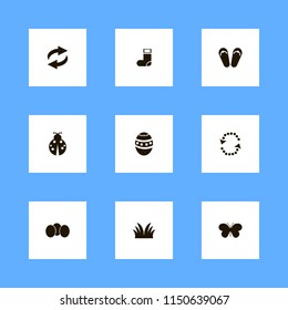 spring icons. sock, butterfly, easter egg and beach sneakers vector icons set