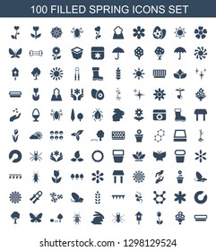 spring icons. Trendy 100 spring icons. Contain icons such as pot for plants, bouquet flower, tulip, nesting house, beetle, rabbit, tree and bench. spring icon for web and mobile.