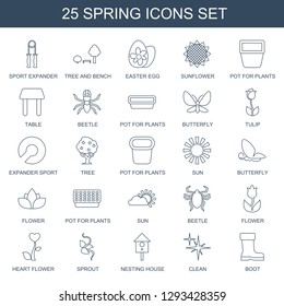 spring icons. Trendy 25 spring icons. Contain icons such as sport expander, tree and bench, easter egg, sunflower, pot for plants, table, beetle. spring icon for web and mobile.