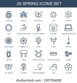 spring icons. Trendy 25 spring icons. Contain icons such as ladybug, beetle, butterfly, sun, flower, hand with seeds, heart flower, square plant pot. spring icon for web and mobile.