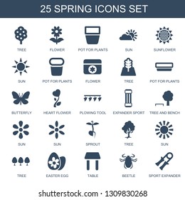 spring icons. Trendy 25 spring icons. Contain icons such as tree, flower, pot for plants, sun, sunflower, butterfly, heart flower, plowing tool. spring icon for web and mobile.