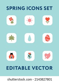 Spring icons vector app set. Simple easter flat designs. Group of colorful  cheerful symbols on isolated background — sun, flowers, garden, heart, plants, 8 march, easter egg, etc.