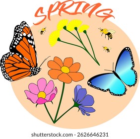 Spring icons vector butterfly flowers bee