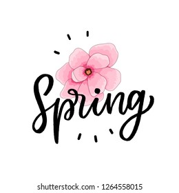 Spring illusration flower with hand drawn lettering word spring for card, print, decor.