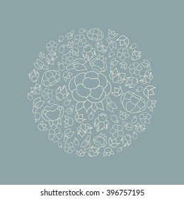 Spring illustration. Abstract circle with cute flowers. Vector floral decorative design element.