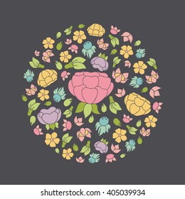 Spring illustration. Abstract circle with cute flowers. Vector floral decorative design element.