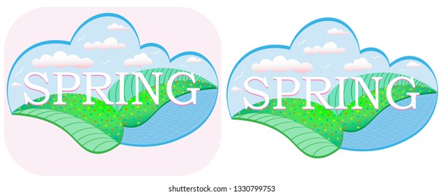 spring illustration with abstract sky with flowers and lake