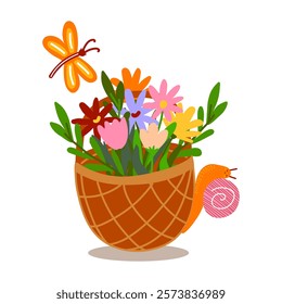 Spring illustration of basket of vibrant spring flowers, cheerful snail on basket and fluttering butterfly. For greeting cards, stickers, for children storybooks