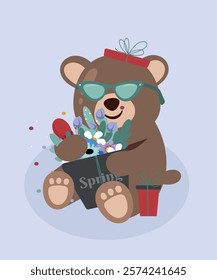 Spring Illustration with Bear is Sitting and Holding Flowers Present