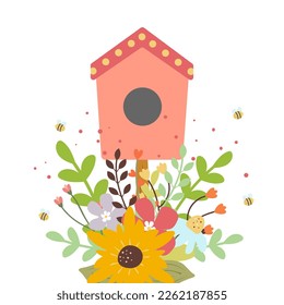 Spring illustration with birdhouse, bees and beautiful flowers isolated on white background. Spring concept