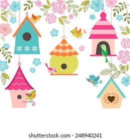 Spring illustration with birds, bird houses, flowers and place for your text.