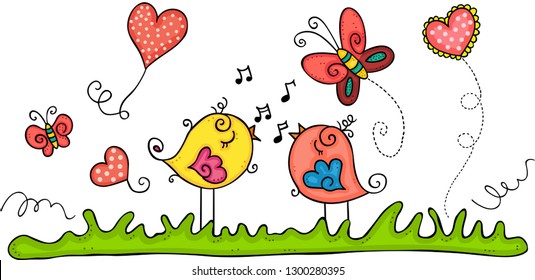 Spring illustration with birds singing
