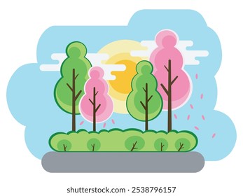 Ilustración de primavera de un bosque floreciente con árboles en tonos verdes y rosados contra un fondo de cielo azul y sol cálido. Los pétalos que caen agregan ligereza y crean una atmósfera de naturaleza que despierta.