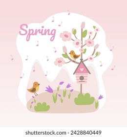 Spring illustration with a blooming meadow, birds and a cherry tree. Cute spring design in flat style. Vector graphics.